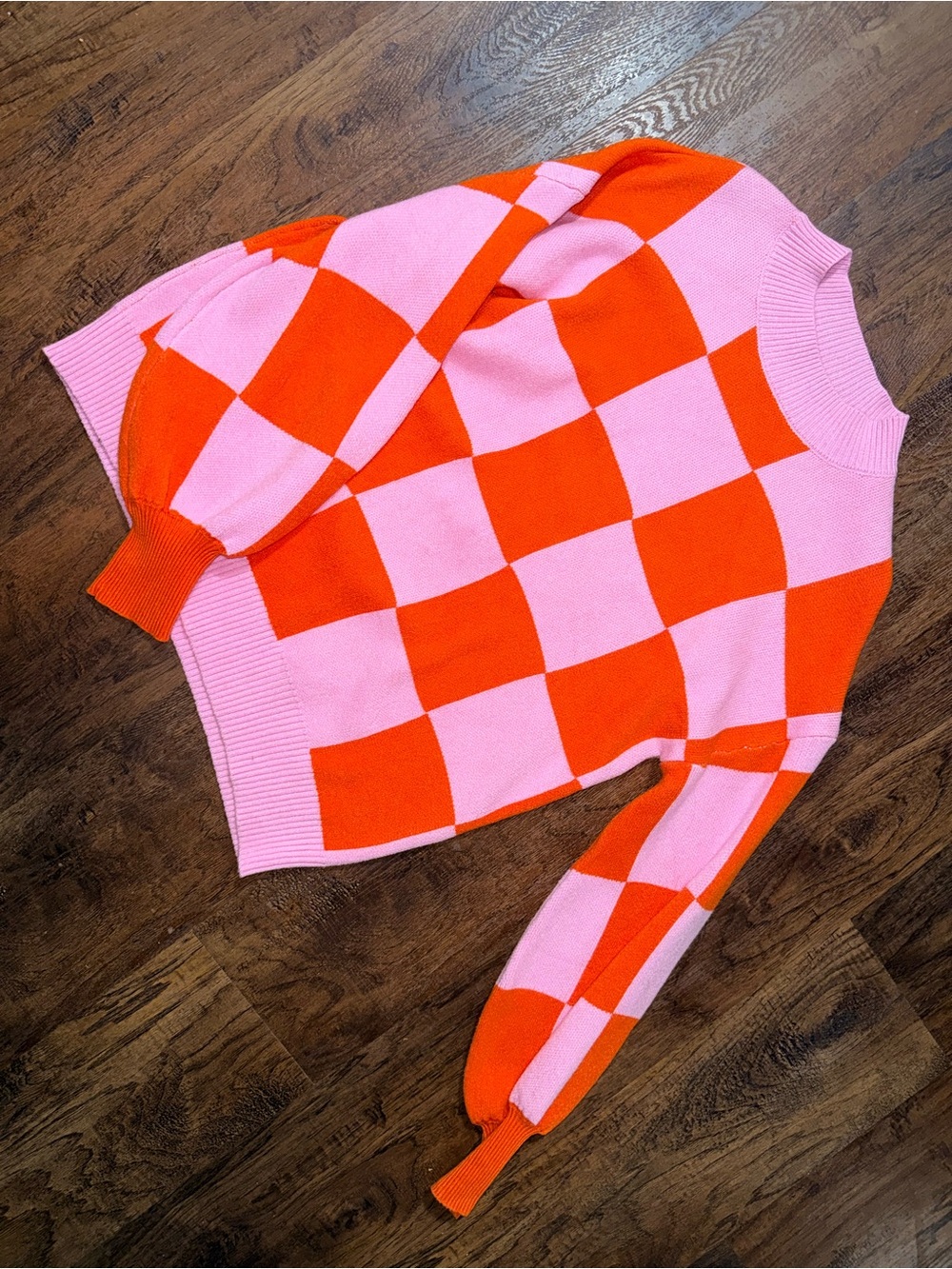 Women’s Checkerboard Crewneck Sweater - Pink & Orange